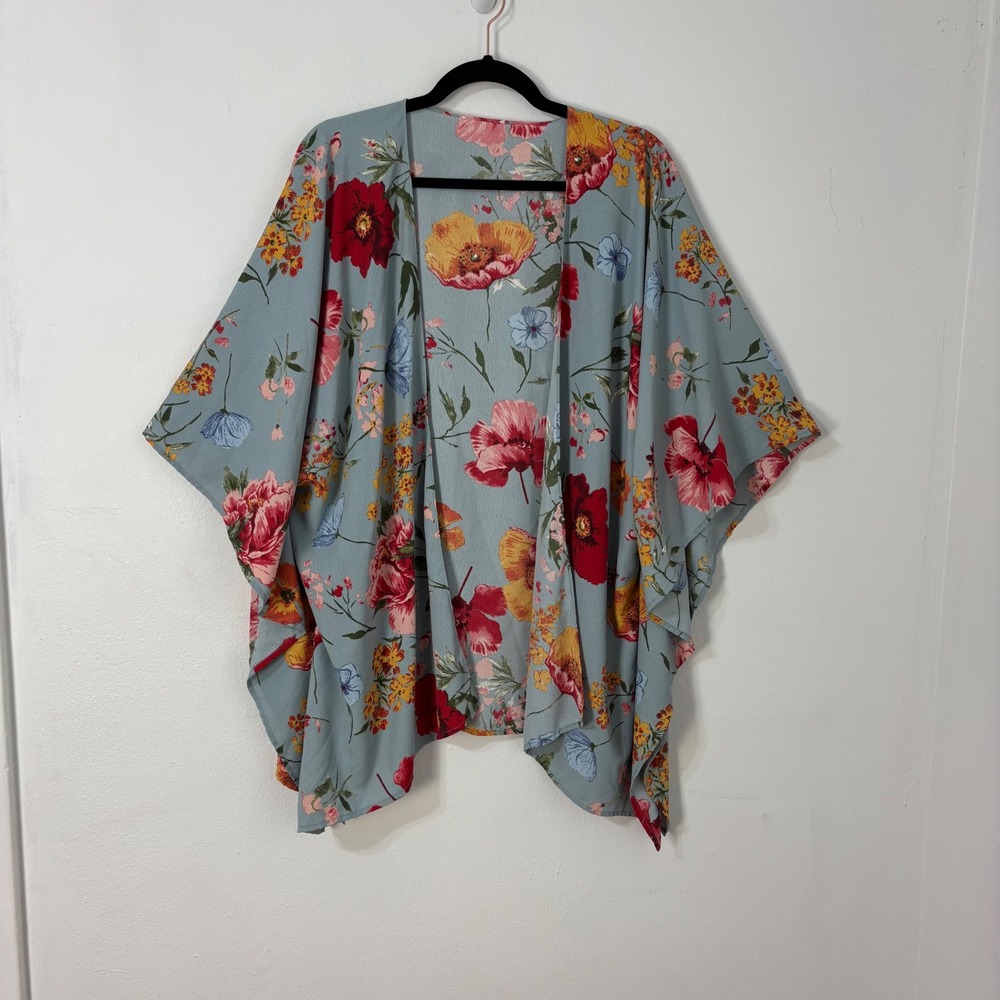 Floral Kimono Cardigan Boho Botanical Open Front‎ Cottage Garden Blue Women S/M